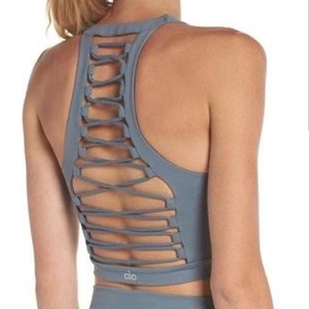 ALO Yoga Movement Bra Top Crop Top Sports Bra High Neck Long Line S Small Blue